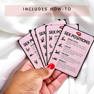 Everything But Missionary sex position guide cards held like a poker hand, by the creator. Includes 5 how-to cards, with guiding words describing how to perform the included sex positions.