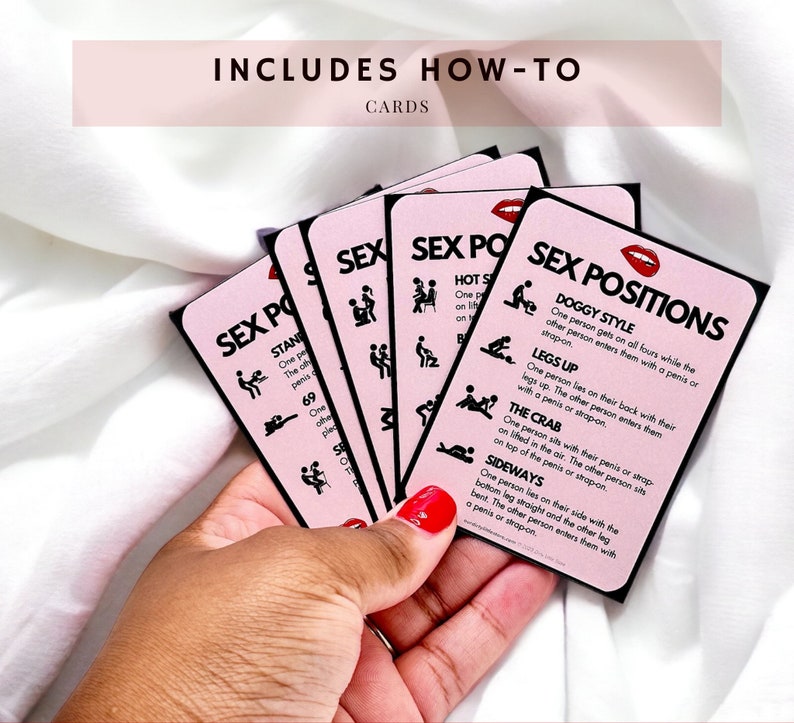 Everything But Missionary sex position guide cards held like a poker hand, by the creator. Includes 5 how-to cards, with guiding words describing how to perform the included sex positions.