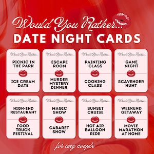 50 Zou je liever een avondje uitgaan Kaartspel | Leuk spel voor koppels op date night | Date Night-spel voor elk stel | Afdrukbare kaarten
