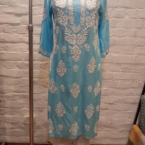 Chikankari Hand bestickt Modal Aqua Blau Gerade Kurta L / XL