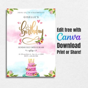 Birthday Invitation Template Editable Printable Invite Instant Download Girls Kids Birthday invite Canva Template