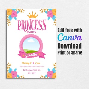 Princess Birthday Invitation Template Editable Printable Invite Instant Download Girls Kids Birthday invite Canva Template