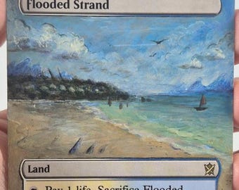 Handmålad MTG-alter från Flooded Strand, original drakelandskapskonst, Magic the Gathering-alter, Dragons Bones nr 1