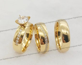 Anillo de conjunto nupcial de 3 piezas, anillo de compromiso de boda, anillo de diamantes de talla redonda de 1,6 quilates, chapado en oro amarillo de 14 quilates, regalos de aniversario, regalos de cumpleaños