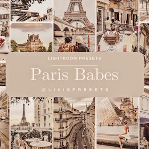 May include: A collage of images featuring Parisian landmarks, including the Eiffel Tower, the Louvre, and the Arc de Triomphe. The images are in a vintage style with a warm, sepia tone. The text "Lightroom Presets Paris Babes @livispresets" is displayed in the center of the collage.
