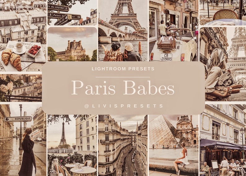 May include: A collage of images featuring Parisian landmarks, including the Eiffel Tower, the Louvre, and the Arc de Triomphe. The images are in a vintage style with a warm, sepia tone. The text "Lightroom Presets Paris Babes @livispresets" is displayed in the center of the collage.
