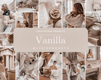 May include: A collage of images showcasing a collection of Lightroom presets called "Vanilla" by @livispresets. The images feature various scenes in warm, neutral tones, including a woman in a white puffer jacket, a cup of coffee, a dog, and a book.