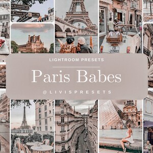 May include: A collage of images featuring the Eiffel Tower, Parisian streets, and people enjoying the city. The text "Lightroom Presets Paris Babes @livispresets" is displayed in the center of the collage.