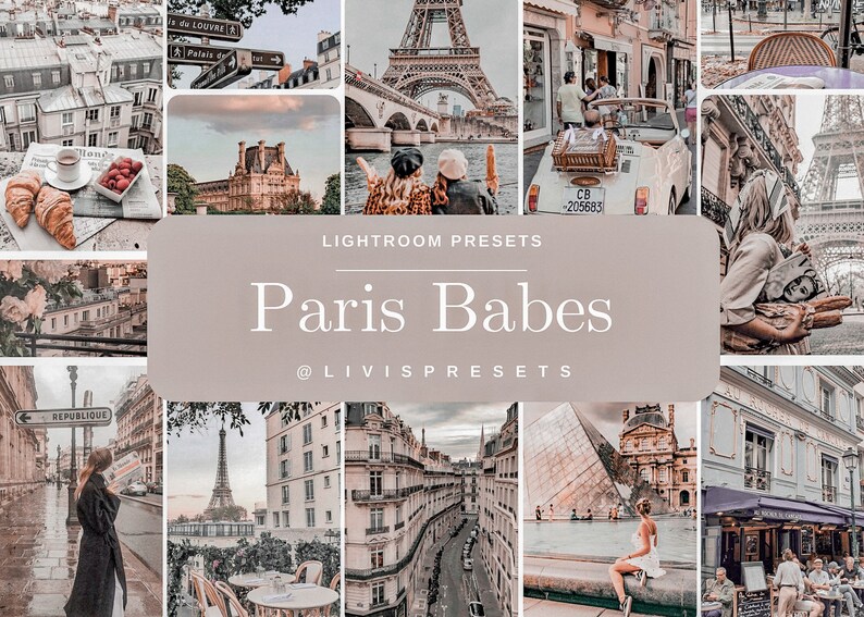 May include: A collage of images featuring the Eiffel Tower, Parisian streets, and people enjoying the city. The text "Lightroom Presets Paris Babes @livispresets" is displayed in the center of the collage.