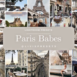 May include: A collage of images featuring the Eiffel Tower, Parisian streets, and people enjoying the city. The text "Lightroom Presets Paris Babes @livispresets" is displayed in the center of the collage.