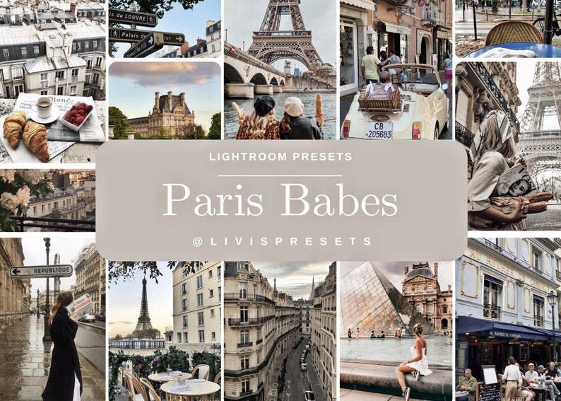 May include: A collage of images featuring the Eiffel Tower, Parisian streets, and people enjoying the city. The text "Lightroom Presets Paris Babes @livispresets" is displayed in the center of the collage.