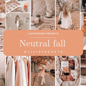 Könnte beinhalten: Eine Collage aus Bildern, die eine neutrale Herbstfarbpalette zeigen. Die Bilder zeigen gemütliche Pullover, Herbstblätter, Kaffeetassen und Kerzen. Der Text "Lightroom Presets Neutral Fall @livispresets" wird in der Mitte der Collage angezeigt.