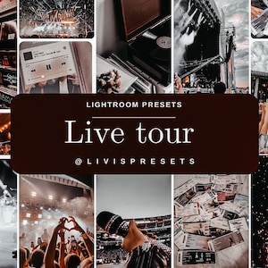 以下が含まれることがあります： コンサート、レコードプレーヤー、コンサートチケット、そしてパフォーマーがいるステージをフィーチャーした画像のコラージュ。コラージュの中央には「Lightroom Presets Live tour @livispresets」というテキストが表示されています。