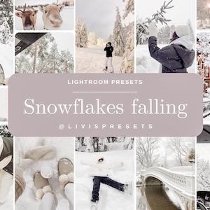 Könnte beinhalten: Eine Collage aus winterlichen Bildern mit schneebedeckten Landschaften, Menschen, die winterliche Aktivitäten genießen, und einer schneebedeckten Stadtstraße. Der Text "Lightroom Presets Snowflakes falling @livispresets" wird in der Mitte der Collage angezeigt.