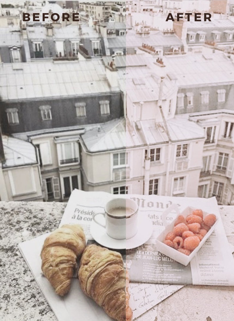 May include: A Parisian rooftop view with a cup of coffee, two croissants, and a container of raspberries on a newspaper. The newspaper has the text "Pr&eacute;sid &agrave; la cor" and "Mond ats 1 ce adia" printed on it.