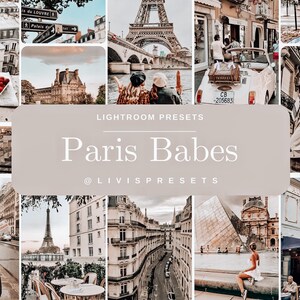 May include: A collage of images featuring Parisian landmarks, including the Eiffel Tower, the Louvre, and the Arc de Triomphe. The images are in a warm, vintage color palette and feature a variety of scenes, including street views, couples, and people enjoying the city. The text "Lightroom Presets Paris Babes @livispresets" is displayed in the center of the collage.