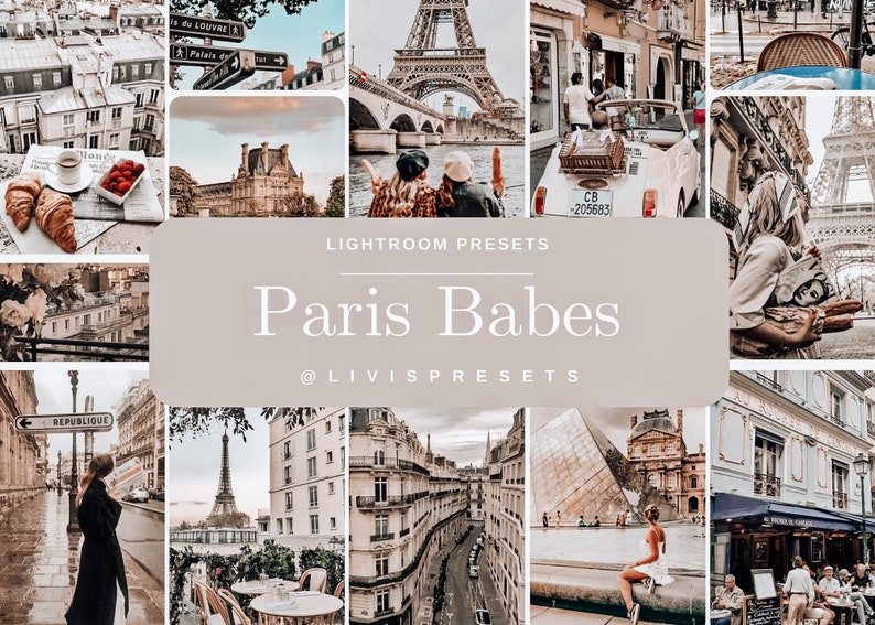 May include: A collage of images featuring Parisian landmarks, including the Eiffel Tower, the Louvre, and the Arc de Triomphe. The images are in a warm, vintage color palette and feature a variety of scenes, including street views, couples, and people enjoying the city. The text "Lightroom Presets Paris Babes @livispresets" is displayed in the center of the collage.