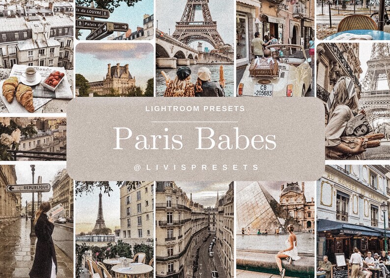 May include: A collage of images featuring Parisian landmarks, including the Eiffel Tower, the Louvre, and the Arc de Triomphe. The images are in a warm, vintage color palette and feature a variety of architectural details and street scenes. The text "Lightroom Presets Paris Babes @livispresets" is displayed in the center of the collage.