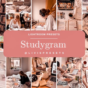Könnte beinhalten: Eine Collage aus Bildern, die Studenten beim Lernen in verschiedenen Umgebungen zeigen, darunter eine Bibliothek, ein Café und ein Heimbüro. Die Bilder sind mit einer warmen, Vintage-Ästhetik bearbeitet. Der Text "Lightroom Presets Studygram @livispresets" wird in der Mitte der Collage angezeigt.