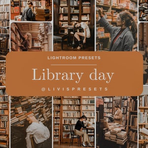 May include: A collage of images featuring a library setting with bookshelves, stacks of books, and people reading. The text "Lightroom Presets Library day @livispresets" is displayed in the center of the collage.