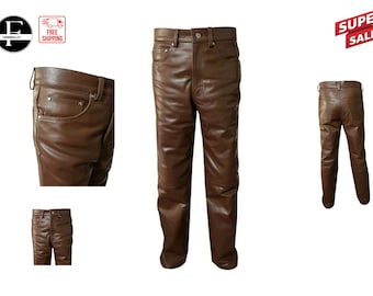 Men's Brown Real Leather Pant 501 Style Jeans Rider Biker Trouser | Best custom Made Mens Biker pants