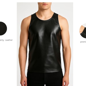 Men’s Black Leather Sleeveless Tee - Edgy Rocker Tank Top  – Gift for Him"