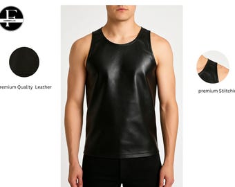 May include: A black leather tank top with a round neckline. The sleeveless top is made of premium quality leather and features premium stitching. The model is wearing black pants.