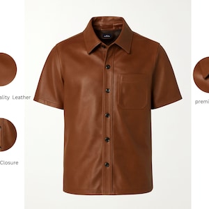 Men's Brown Leather T-Shirt with Button Closure | Stylish Leather Shirt