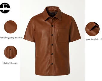 Men's Brown Leather T-Shirt with Button Closure | Stylish Leather Shirt