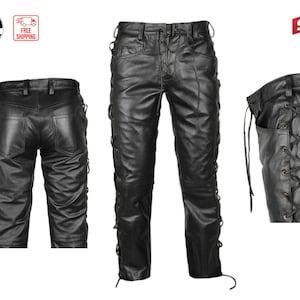 Pantalón de cuero negro con cordones para hombre / Los mejores pantalones de cuero de vaquero hechos a medida
