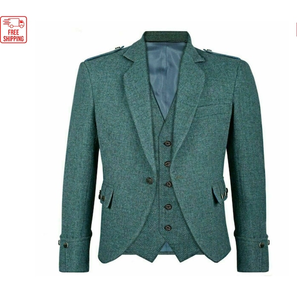 Schottische Herren Green Tweed Argyle Kilt Jacke für Herren mit 5 Knopfweste | Traditionelle handgefertigte schottische Kiltjacke