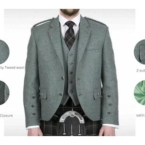 Chaqueta escocesa de tweed verde Lovat con diseño de rombos y chaleco de 5 botones para hombre