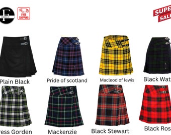 Op de afbeelding: Tien verschillende kilt-stijlen, waaronder effen zwart, black watch, dress gorden, mackenzie, black stewart en black rose. De kilts zijn allemaal gemaakt van tartan stof en hebben een geplooid ontwerp.