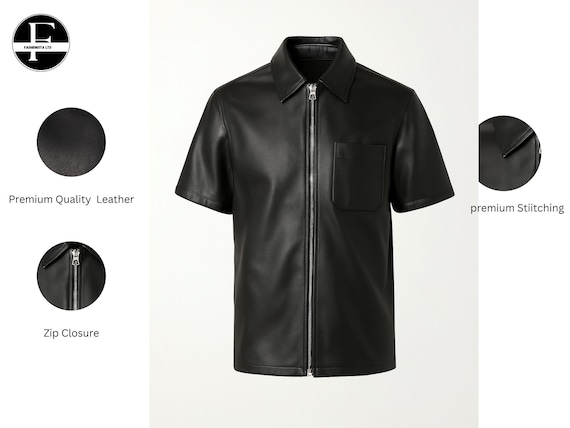 Men's Leather T-Shirt with Zip Closure | Stylish Biker Leather Shirt