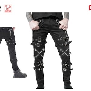 Men's Gothic Pant Dead Threads Buckle Zips Chain Strap Black Cyber Punk Trouser