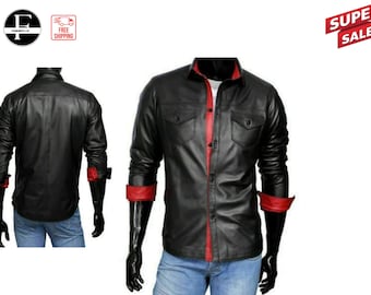 Camicia da uomo in pelle nera da moto Camicia da festa con maniche slim fit