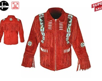 Chaqueta vaquera de cuero estilo western de ante rojo para hombre con flecos y cuentas l Mejor chaqueta vaquera para hombre