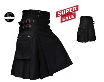 Könnte beinhalten: Schwarzer Utility-Kilt mit mehreren Taschen und Schnallen. Der Kilt hat ein Falten-Design und ist aus strapazierfähigem Stoff gefertigt.