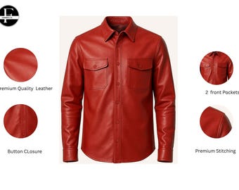 Men's Red Leather Shirt - Vintage Style Biker Shirt - Gift for Him