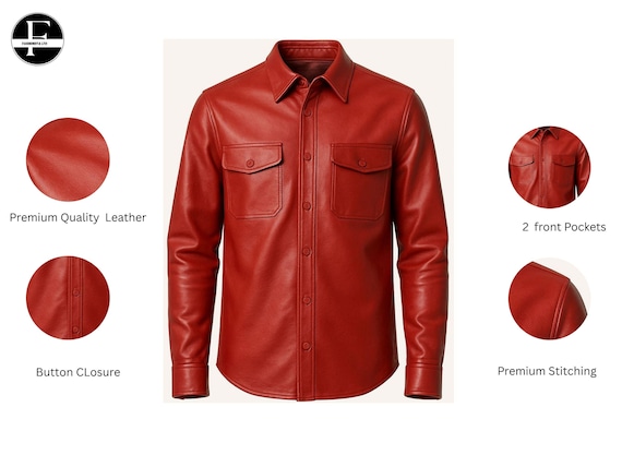 Men's Red Leather Shirt - Vintage Style Biker Shirt - Gift for Him