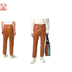Pantalones de cuero de color canela con cordón para hombres / Mejor pantalón de pantalón de cuero para hombres hecho a medida