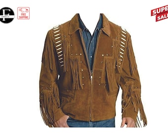 Men's Brown Cowboy Style Suede Leather Jacket Fringe & Shoulder Beads Work Cowboy Coat