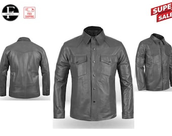 May include: A gray leather long-sleeve shirt with a button-down front and two flap pockets. The shirt is shown from the front, back, and side.