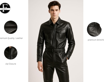 Zwart leren herenjumpsuit – ritssluiting aan de voorkant – leren herenpak uit één stuk in bikerstijl
