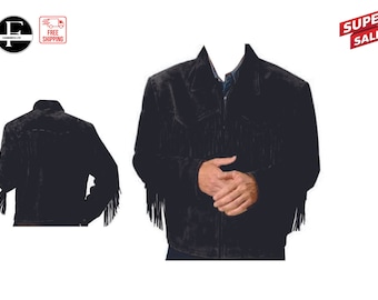 May include: Black suede jacket with fringe detailing. The jacket features a classic collar, a zipper closure, and fringe along the sleeves and back. A smaller image of the jacket's back is also shown. The jacket is a dark color.