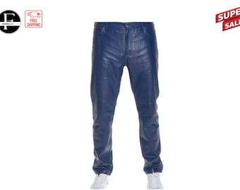 Men's Blue real Leather Pants 501 Jeans Rider Biker Trouser | Best Custom Made Mens motorbike pant