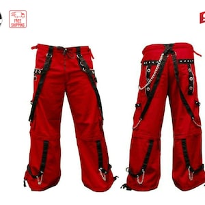 Men's Red Tripp Pant Trouser With Black Straps Punk Rock Metal Chain Gothic Trouser