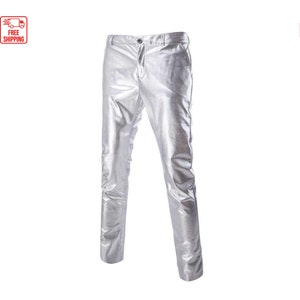 Zilverkleurige echtleren herenbroek 501 stijl jeans motorrijdersbroek