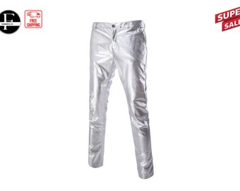 Men's Silver real Leather Pants 501 Style Jeans Rider Biker Trouser