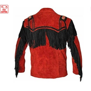 May include: Red suede jacket with black fringe detailing. The jacket has a stand-up collar and a zipper closure.